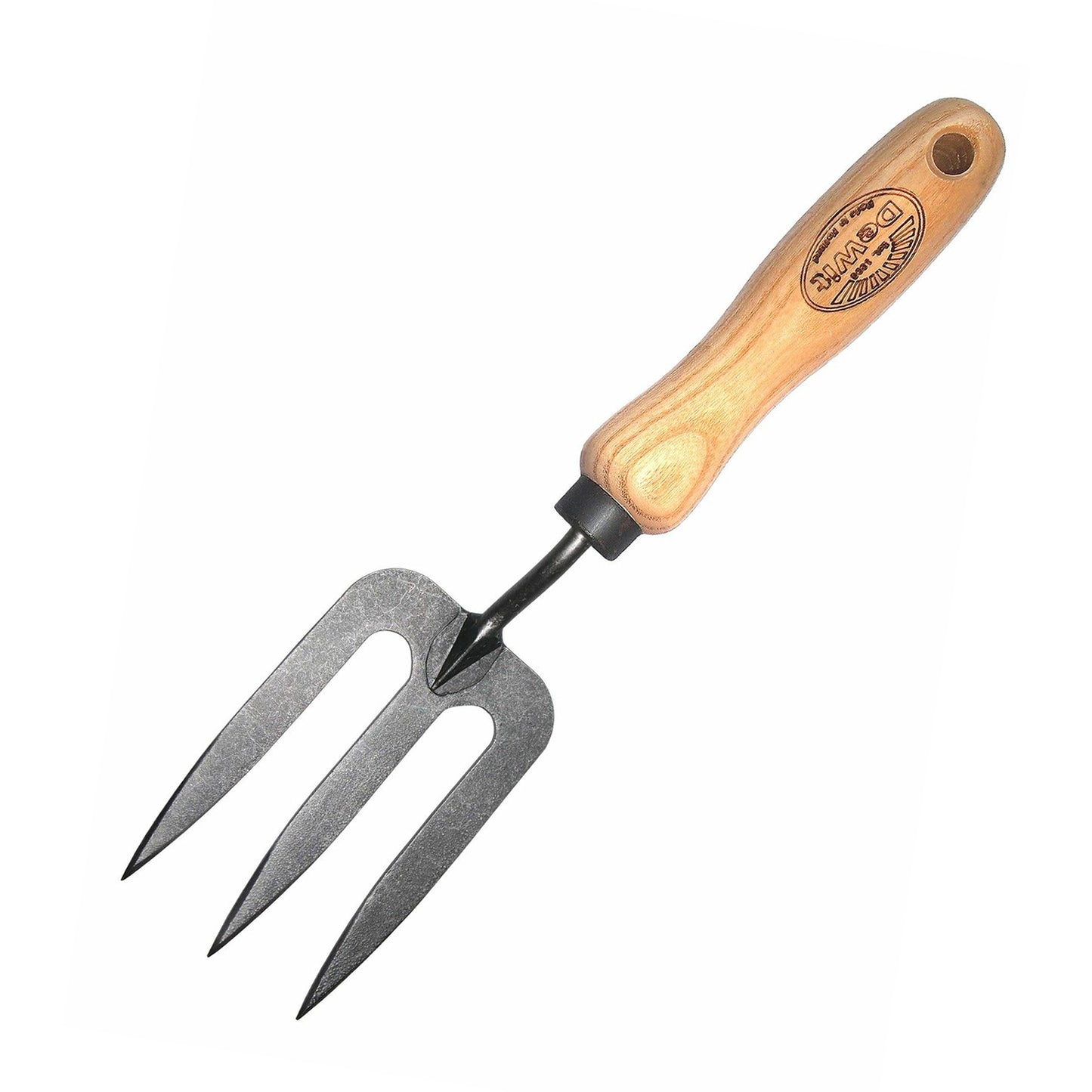 metal gardening fork 3 tined with wooden handle on a white background