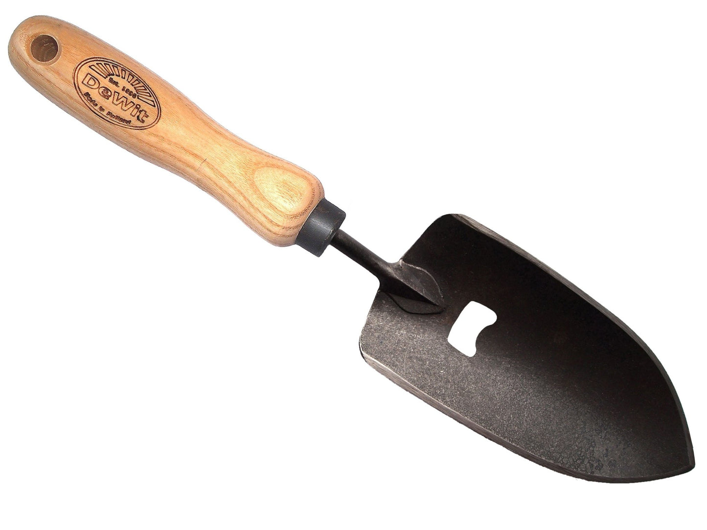 metal gardening trowel with wooden handle and bottle opener on a white background