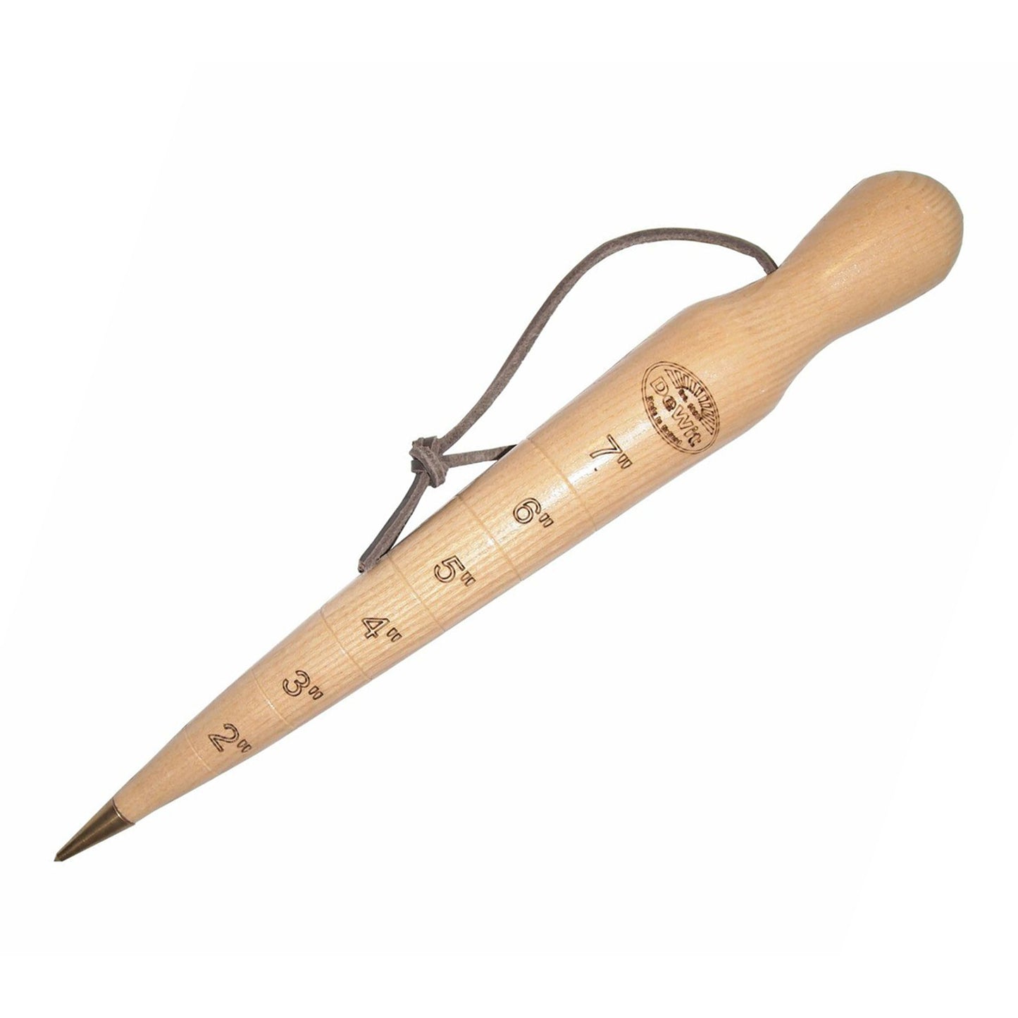 Angled view of H Potter × DeWit wooden dibber with bronze tip and depth scale for precise bulb and seed planting