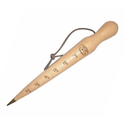 Angled view of H Potter × DeWit wooden dibber with bronze tip and depth scale for precise bulb and seed planting