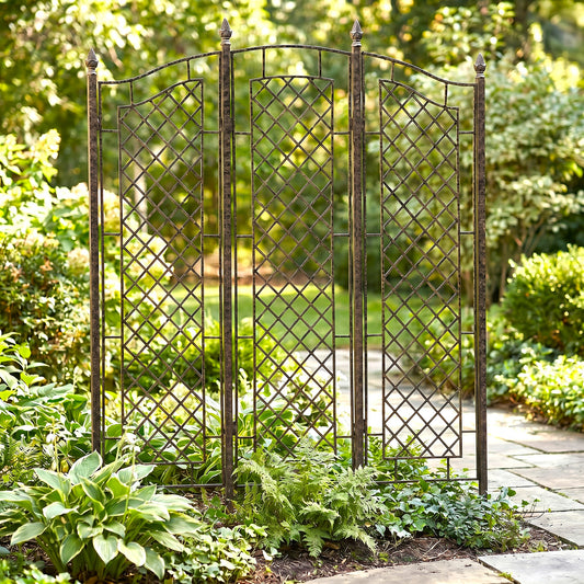 H Potter three panel garden trellis screen with ferns and hostas in a backyard off a stone path