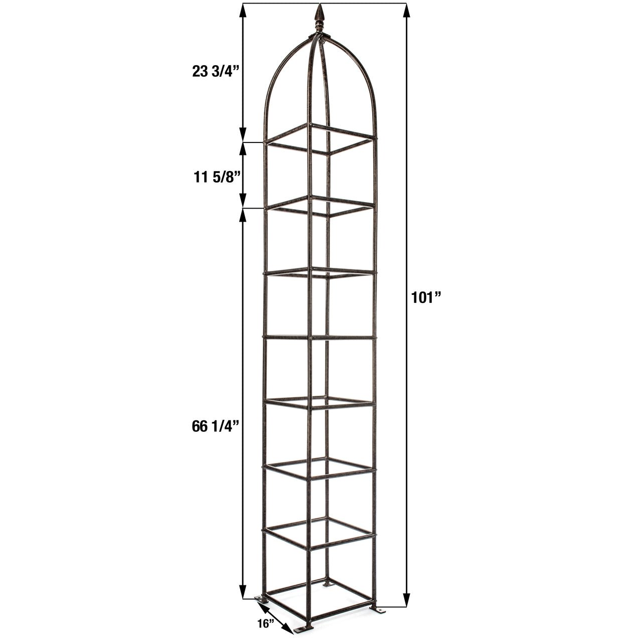 dimension diagram of chic farming obelisk trellis with height and width measurements