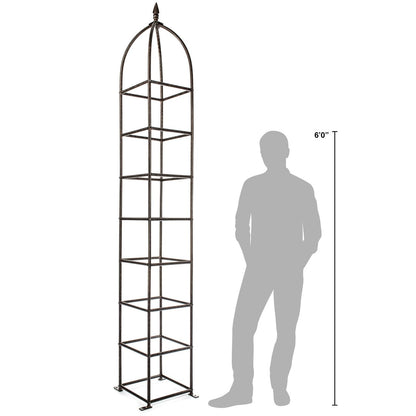 chic farming obelisk trellis shown next to person for height scale