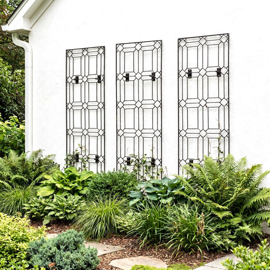 h potter set of 3 metal wall trellises on a house with green plants