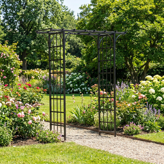 H Potter metal garden archway in a lush garden with flowers and trees on a rock path