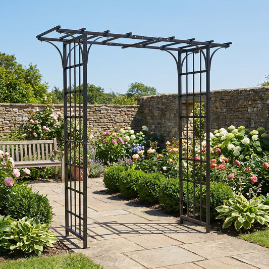 H POTTER eden park garden arbor in a garden setting with stone path and flowers