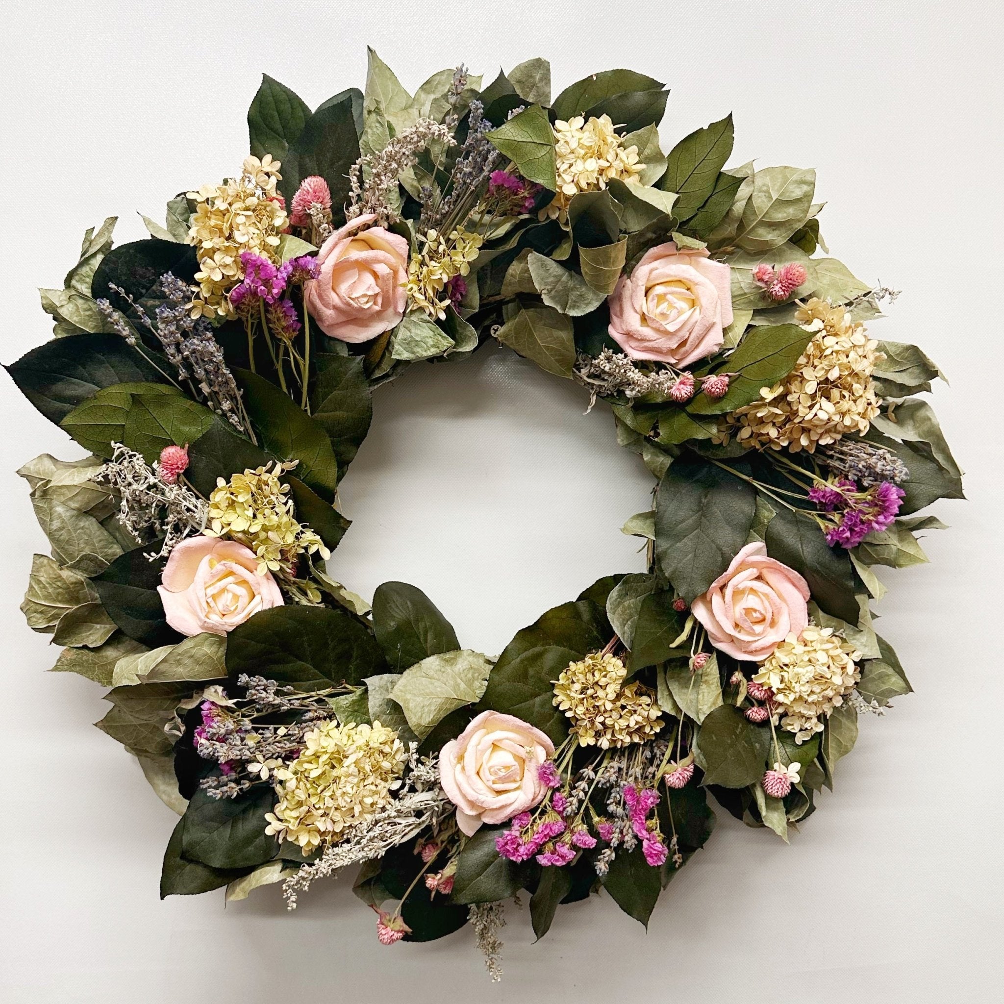 Gathered with Love Dried Wreath - Spring Wreath with Greenery and Pink Paper Roses