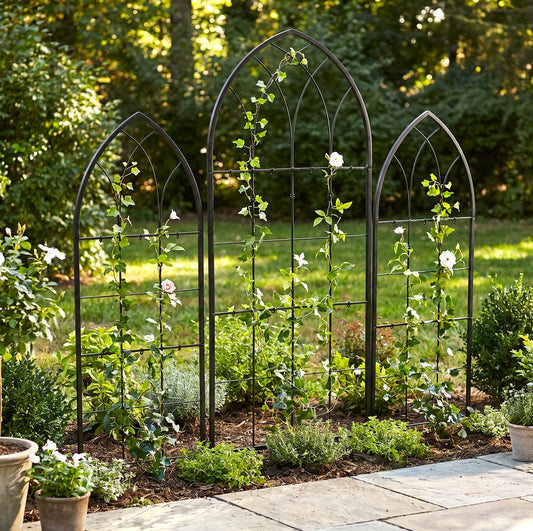 H Potter set of 3 black metal garden trellises with climbing plants