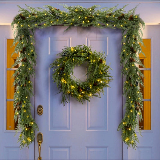 H Potter - Faux Hawthorne Evergreen Wreath & Garlands Set