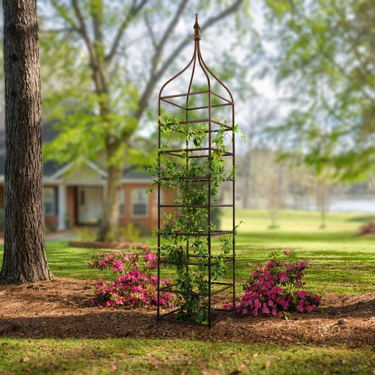 H Potter heavy duty metal garden obelisk trellis supporting climbing plants in landscaped yard