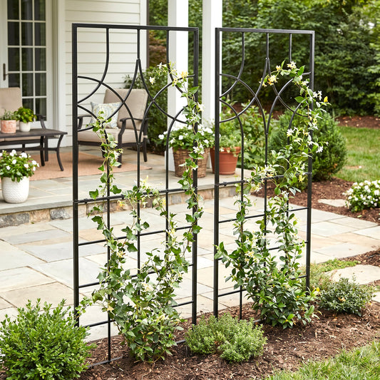 H Potter large geometric trellis set of 2 black metal in mulch off stone patio