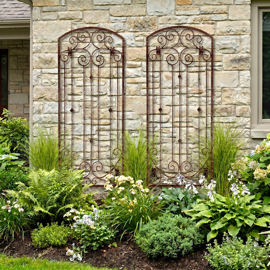 H Potter lenox estate garden wall trellis set of 2 on brick home in front yard with plants