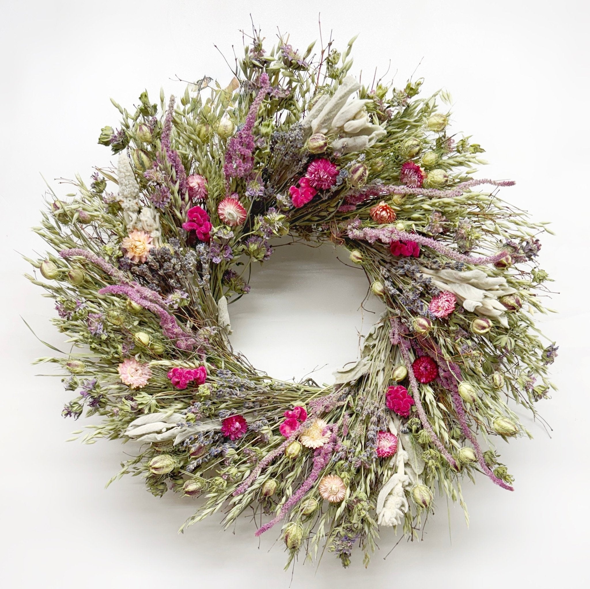 Meadowheart Dried Wreath with oats, mint, and strawflower