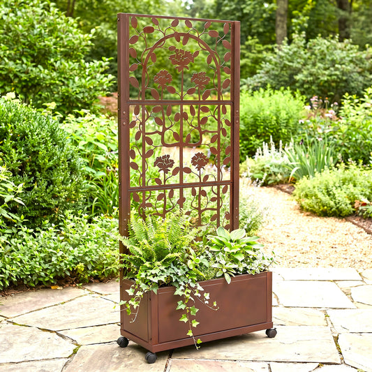 H Potter planter box with trellis with rose pattern on stone patio in garden

