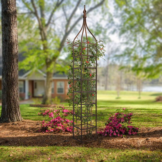 h potter ornamental metal garden obelisk trellis with climbing plants in landscaped yard