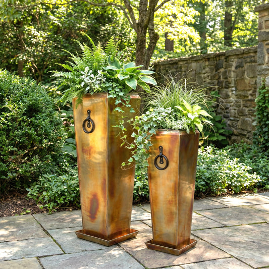 h potter santa fe tall planter set rustic copper finish with drip trays and drainage holes