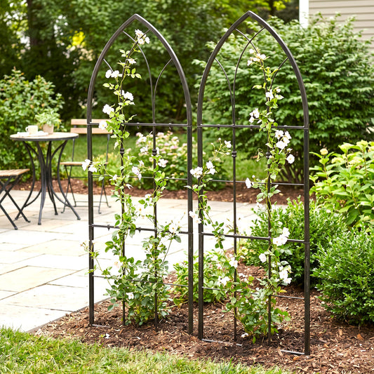 H Potter set of 2 black metal garden trellises with vines in garden