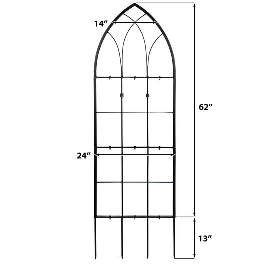 Dimension diagram of H Potter large black gothic garden trellis with width and height labeled