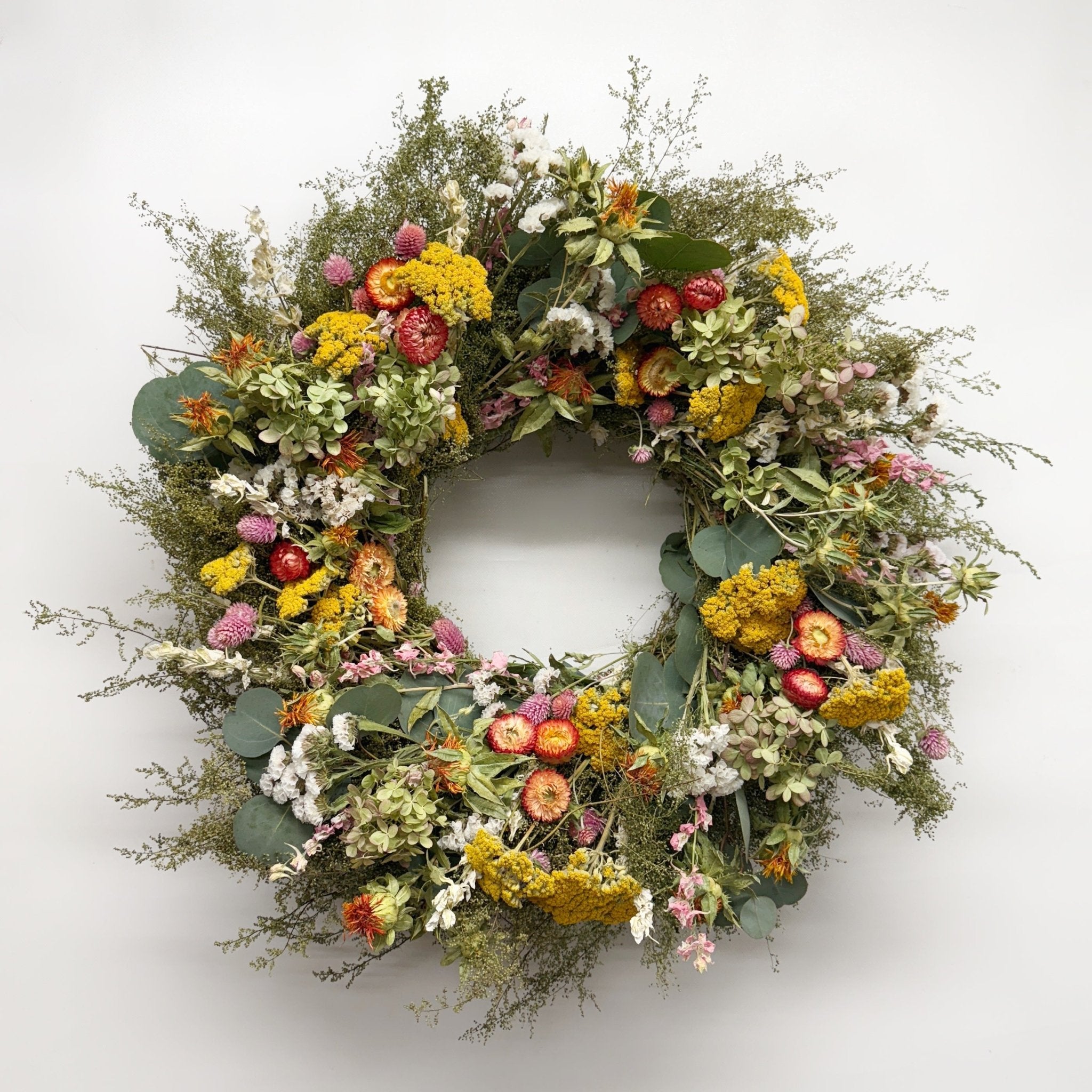 Spring Sunrise Dried Wreath – Safflower, Yarrow, Pink Larkspur