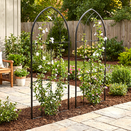 H Potter set of 2 black metal gothic style trellises in garden with flowers off stone patio
