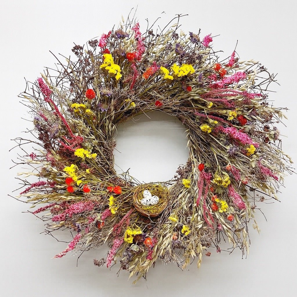 Blossom Nest Dried Wreath with herbs, flowers, and faux birds nest