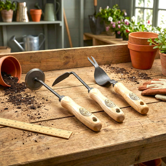 H Potter × DeWit 3-piece weeding gift set with forged Disc Weeder, Cape Cod Weeder, and Weed Popper on wooden garden bench