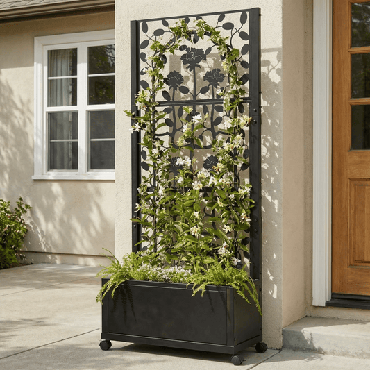 H Potter Decorative metal screen with plants in a planter against a house exterior.