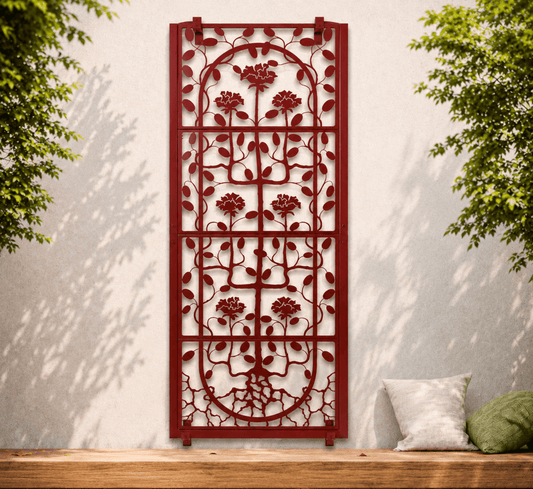 H Potter brand Decorative mahogany metal screen with floral patterns against a white wall.