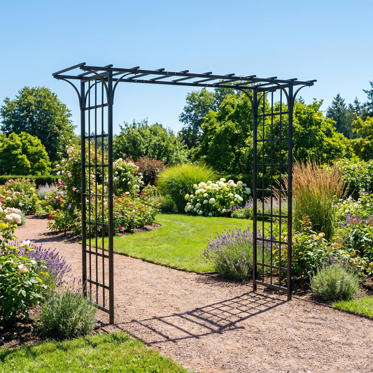 h potter Garden archway with a garden scene including flowers and trees.