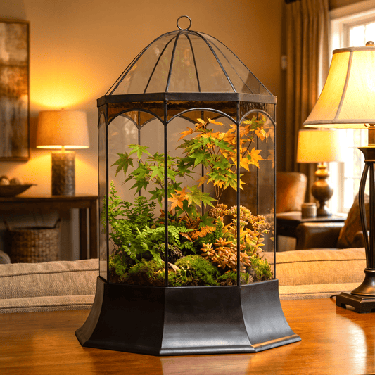 H Potter brand hexagonal glass terrarium filled with green and orange foliage, displayed on a wooden table in a warmly lit living room.