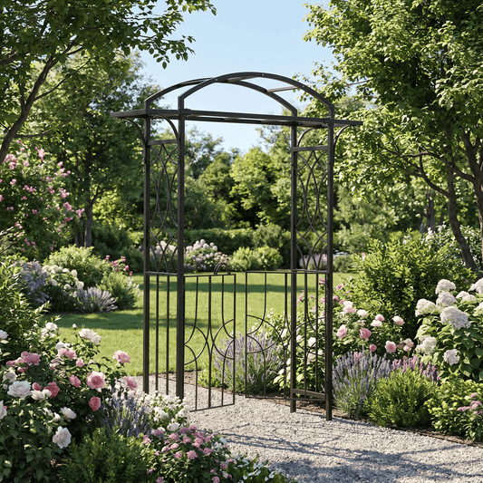 H Potter metal garden archway with gate surrounded by flowers and greenery on stone pathway