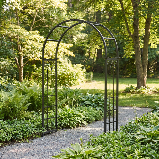 H Potter metal garden archway in a lush green garden setting