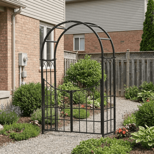 H Potter black metal garden archway with gate in a residential garden setting.