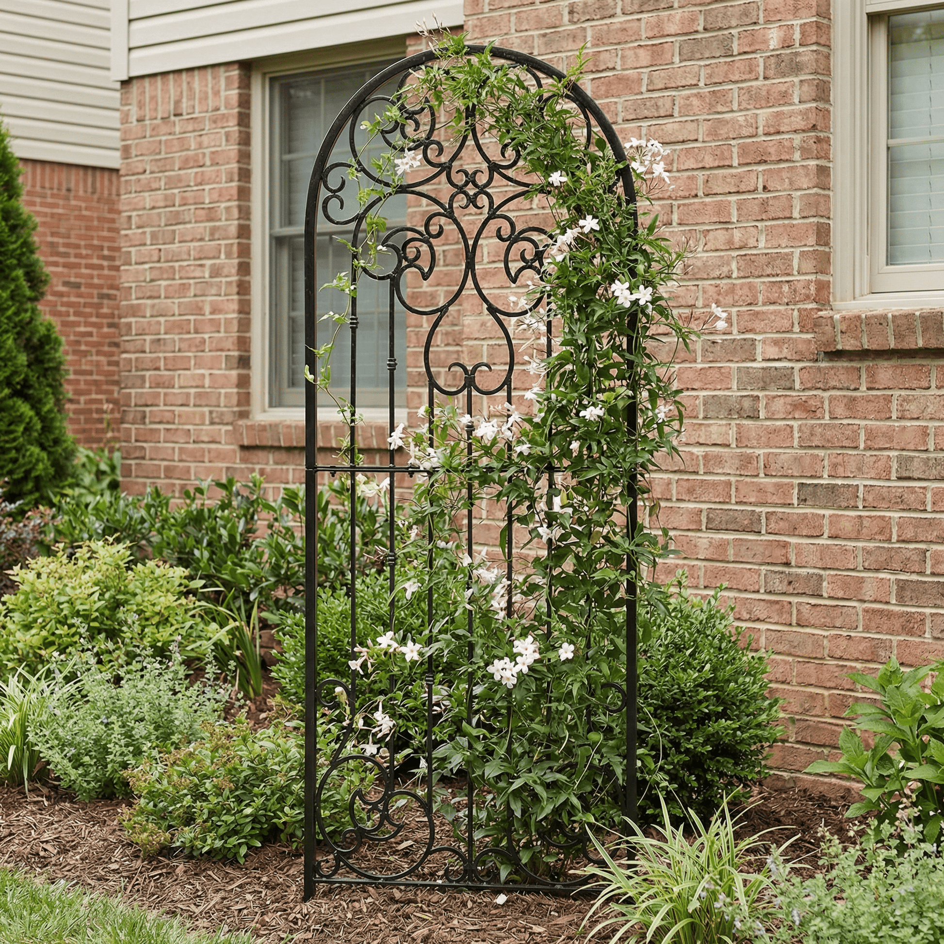 H Potter Legacy Freestanding Trellis in black near brick house with climbing clematis